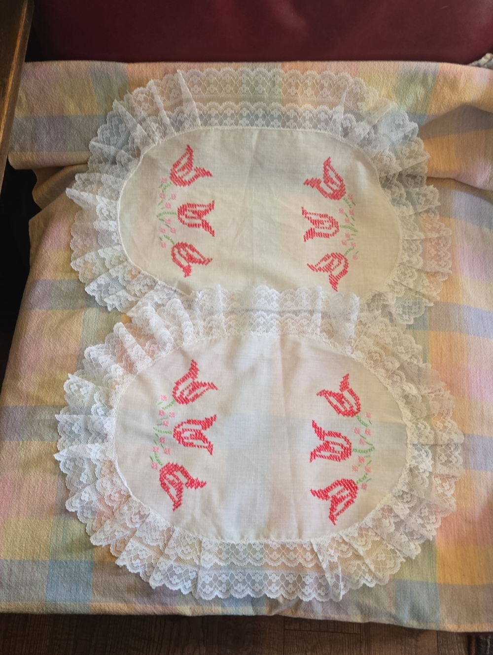 Two Vintage Cottage style, White Floral Embroidered, Lace trimmed Table Linens